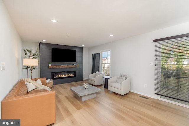 living room with a fireplace and light wood-type flooring