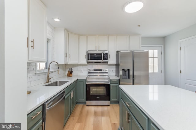 kitchen with appliances with stainless steel finishes, backsplash, white cabinetry, and sink