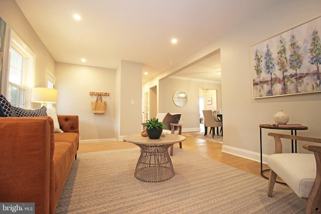 living room featuring ornamental molding and light hardwood / wood-style floors