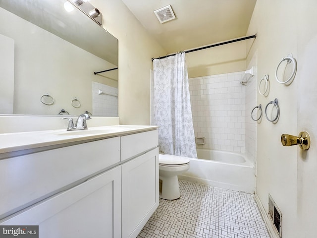 full bathroom featuring toilet, vanity, shower / bathtub combination with curtain, and tile patterned flooring