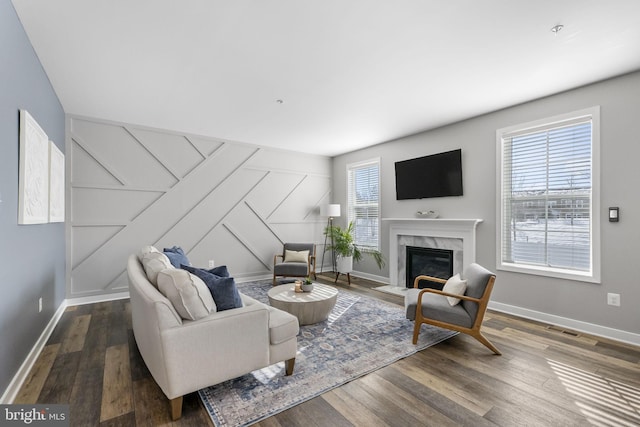 living room featuring hardwood / wood-style floors and a high end fireplace