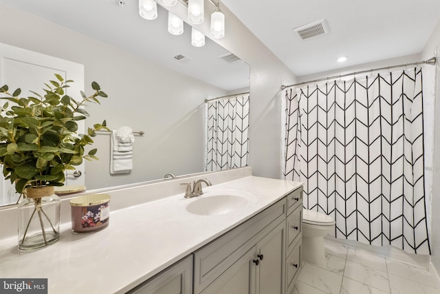 bathroom featuring toilet, vanity, and curtained shower