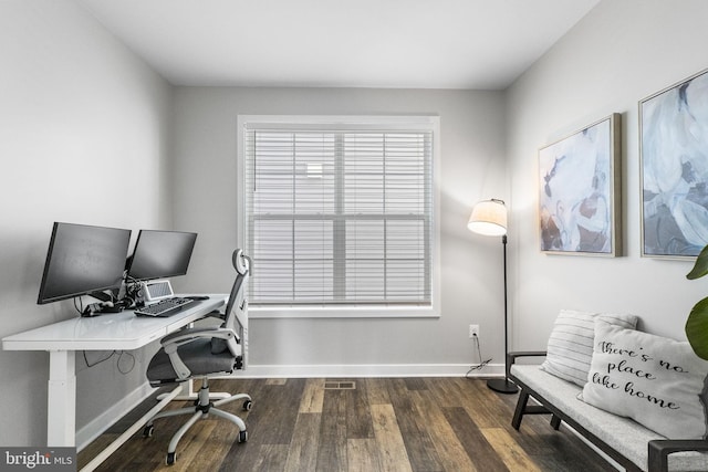 home office featuring dark wood-type flooring