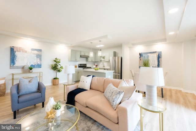 living room featuring light wood-type flooring and a tray ceiling