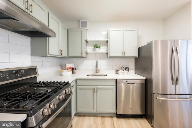 kitchen with backsplash, sink, stainless steel appliances, and light hardwood / wood-style flooring