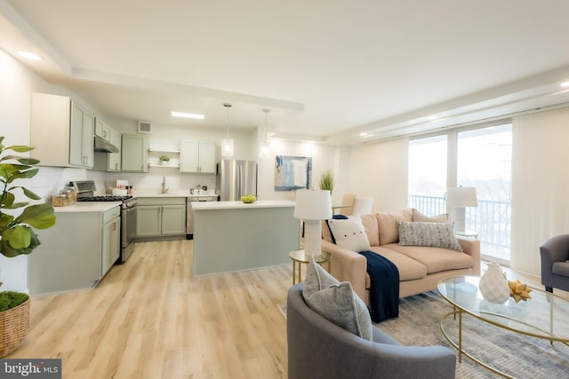 living room with light hardwood / wood-style flooring and sink