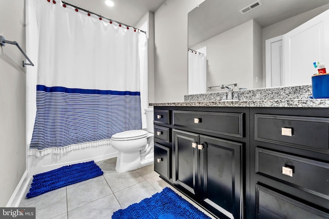 full bathroom featuring tile patterned flooring, shower / bath combination with curtain, vanity, and toilet