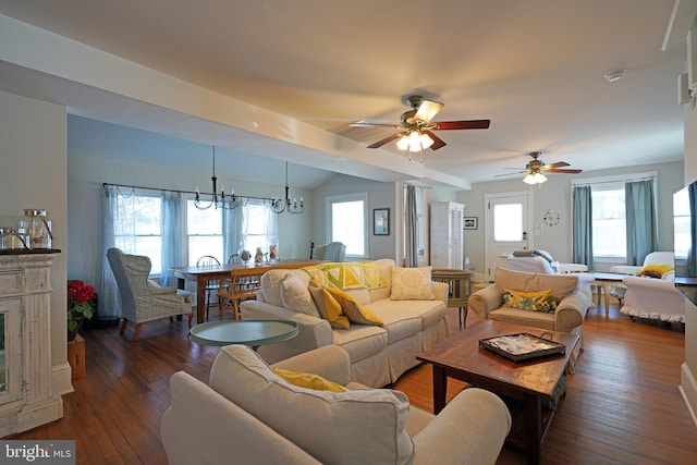 living room with a healthy amount of sunlight, a notable chandelier, and dark hardwood / wood-style flooring