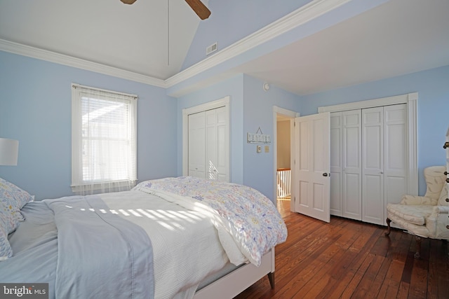 bedroom featuring dark hardwood / wood-style flooring, ceiling fan, vaulted ceiling, and multiple closets