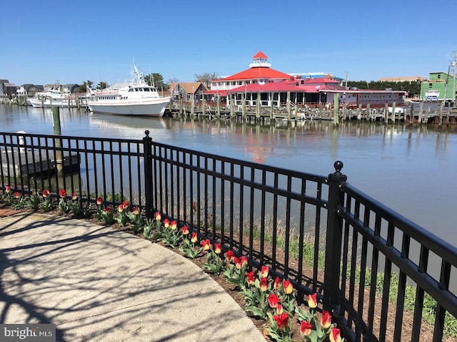 view of water feature with a dock