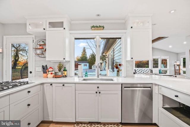 kitchen with backsplash, white cabinetry, sink, and stainless steel appliances