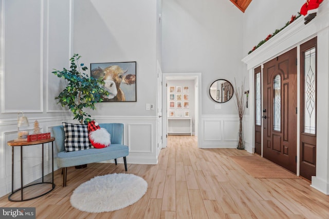 entrance foyer with a towering ceiling and light wood-type flooring