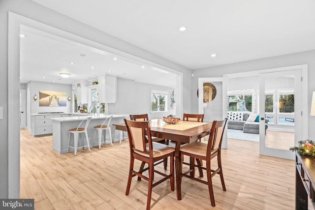 dining space with light hardwood / wood-style floors