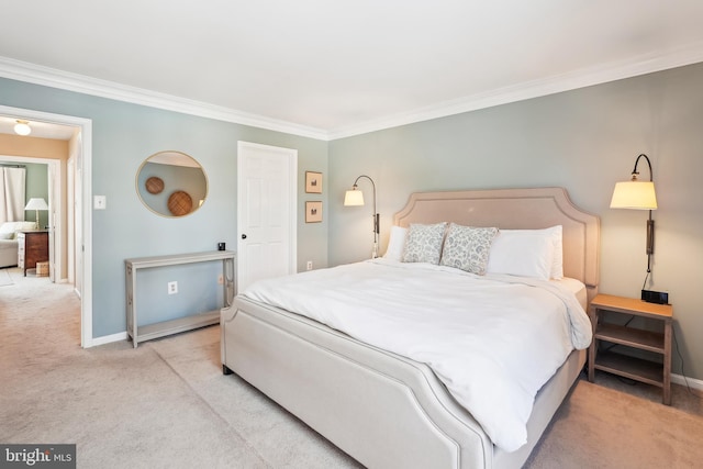 bedroom featuring crown molding and light carpet