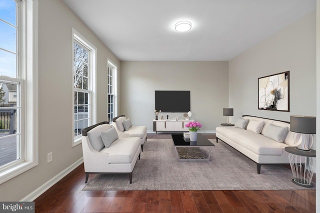 living room featuring dark hardwood / wood-style flooring and a wealth of natural light