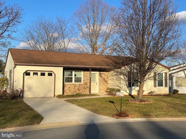 single story home with a front yard and a garage