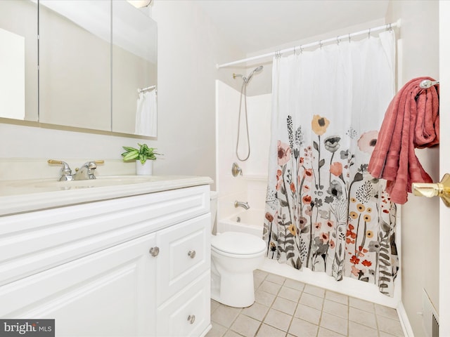 full bathroom featuring tile patterned flooring, vanity, shower / bath combination with curtain, and toilet