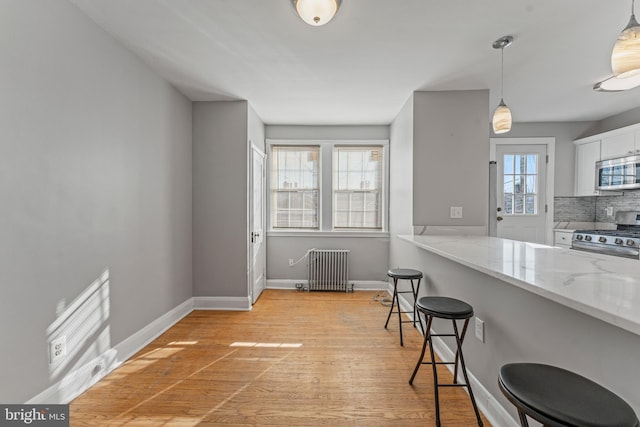 kitchen featuring tasteful backsplash, radiator heating unit, hanging light fixtures, and appliances with stainless steel finishes