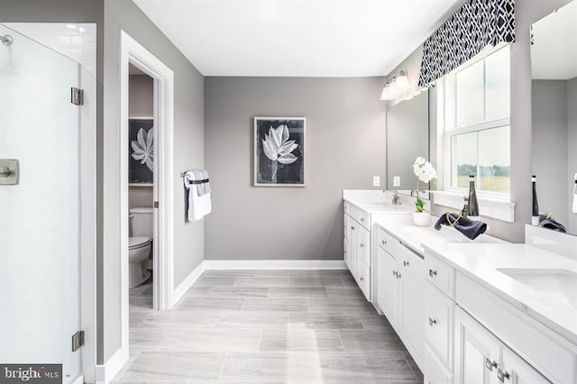 bathroom with vanity, toilet, and a shower with shower door