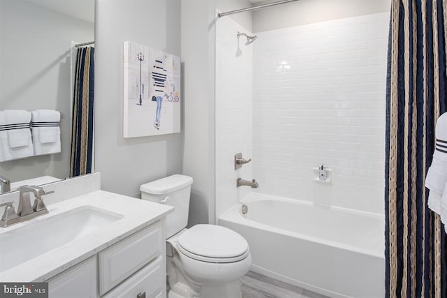 full bathroom with vanity, toilet, and shower / bathtub combination with curtain