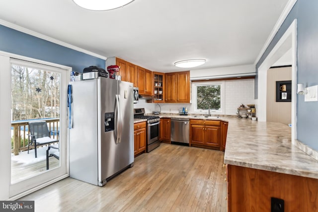 kitchen with sink, crown molding, appliances with stainless steel finishes, light hardwood / wood-style floors, and decorative backsplash