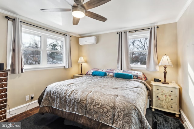 bedroom with ceiling fan, ornamental molding, multiple windows, and an AC wall unit