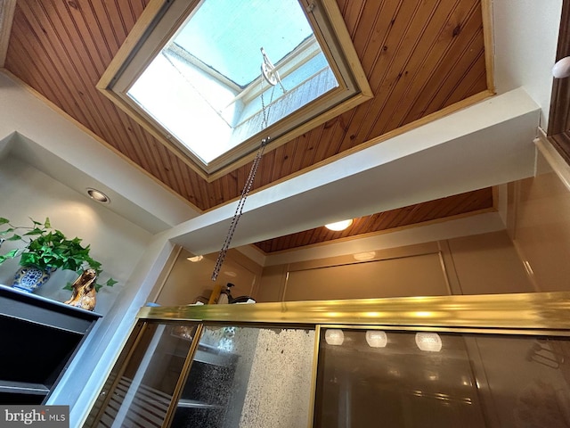 room details with wood walls and a skylight