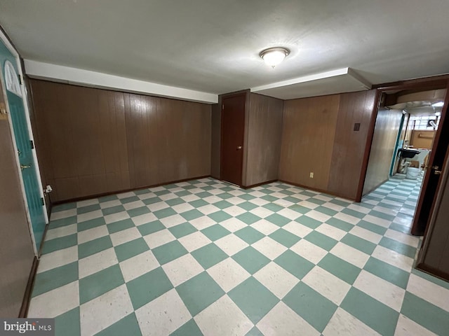 basement featuring wooden walls