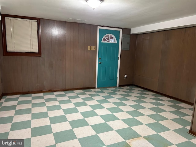 interior space with wood walls and electric panel