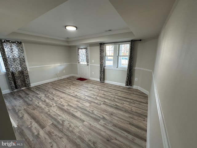 interior space with a raised ceiling and wood-type flooring