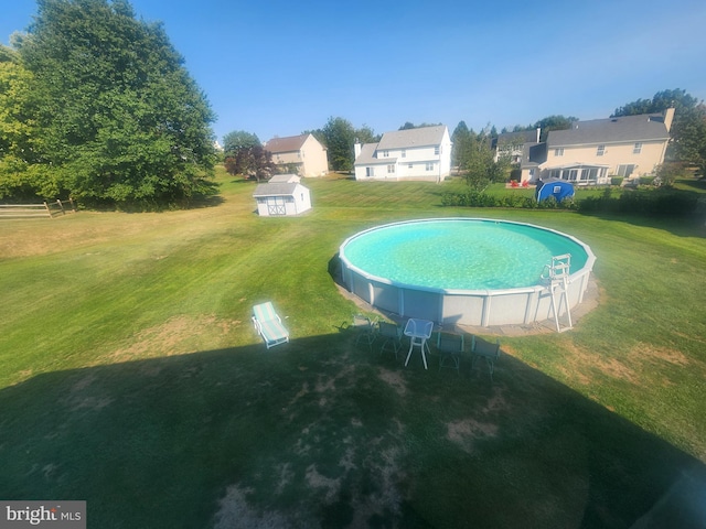 view of swimming pool with a lawn and a storage unit