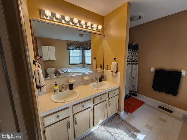 bathroom with shower with separate bathtub and vanity