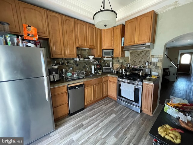 kitchen with backsplash, ornamental molding, stainless steel appliances, pendant lighting, and range hood