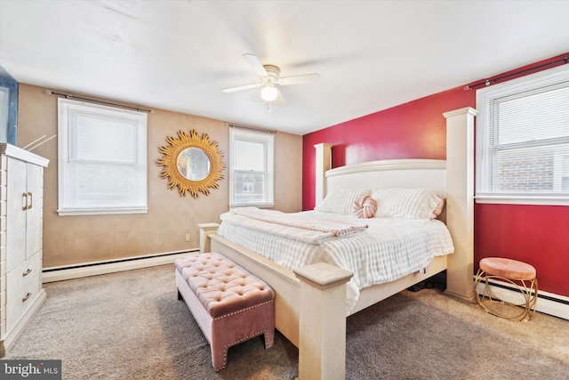 bedroom featuring light carpet, baseboard heating, and ceiling fan