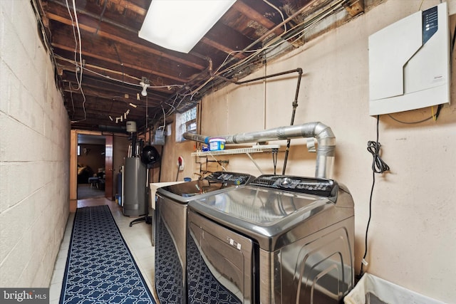 washroom with water heater and washer and clothes dryer