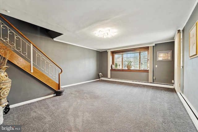 unfurnished living room featuring dark colored carpet, ornamental molding, and a baseboard radiator