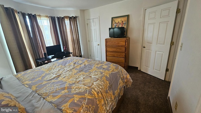 bedroom with dark colored carpet