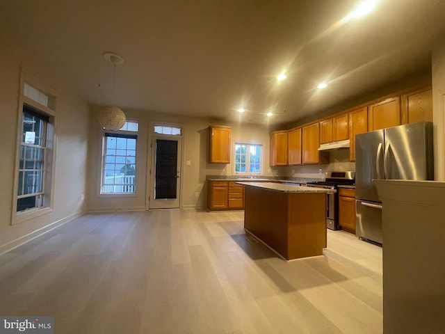 kitchen with a kitchen island, light hardwood / wood-style floors, and stainless steel appliances