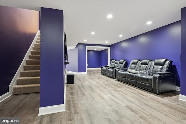 home theater featuring light hardwood / wood-style flooring