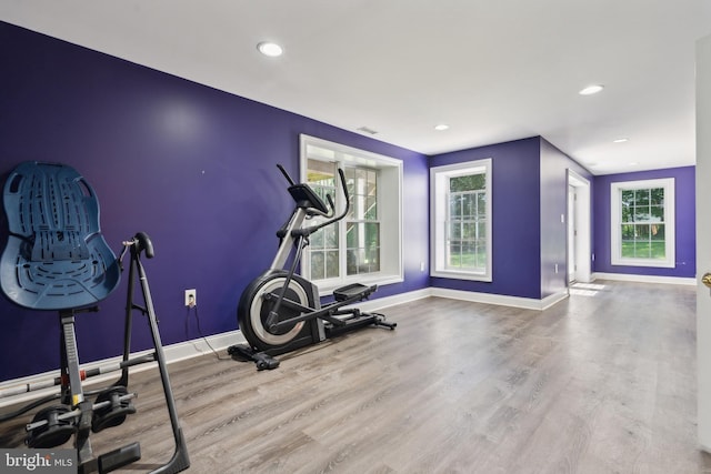 workout room with plenty of natural light and wood-type flooring