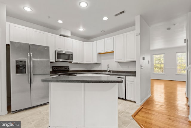 kitchen featuring a kitchen island, appliances with stainless steel finishes, sink, and white cabinets