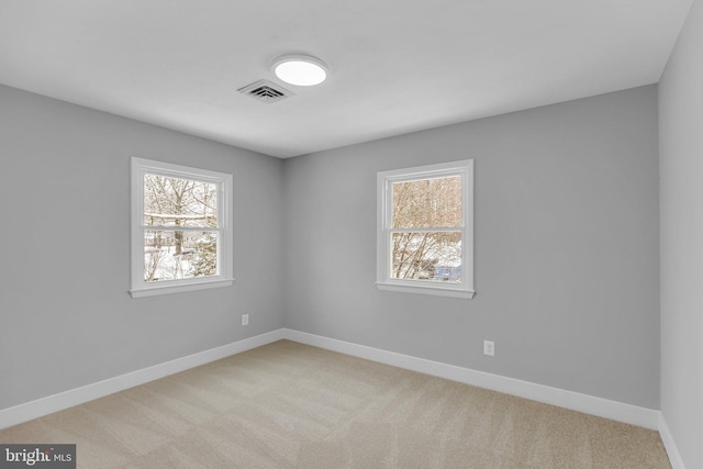 spare room featuring light carpet and plenty of natural light