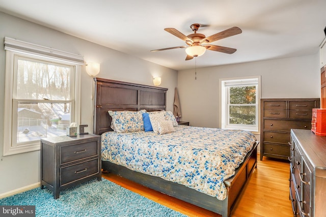 bedroom featuring light hardwood / wood-style floors and ceiling fan