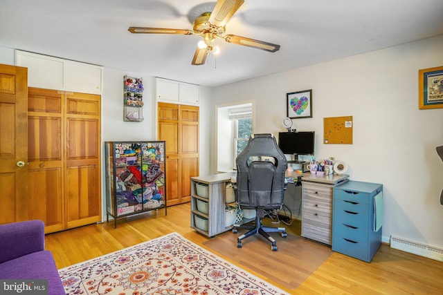 office area with baseboard heating, ceiling fan, and light hardwood / wood-style floors