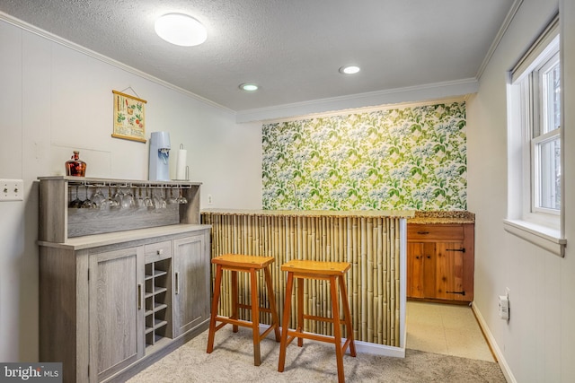 bar with a textured ceiling and crown molding