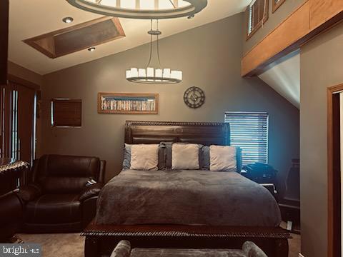 bedroom with carpet and lofted ceiling