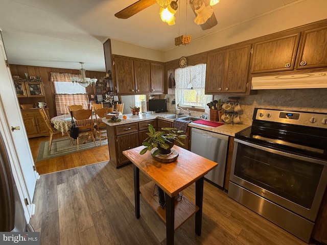 kitchen with sink, dark wood-type flooring, pendant lighting, ceiling fan with notable chandelier, and appliances with stainless steel finishes