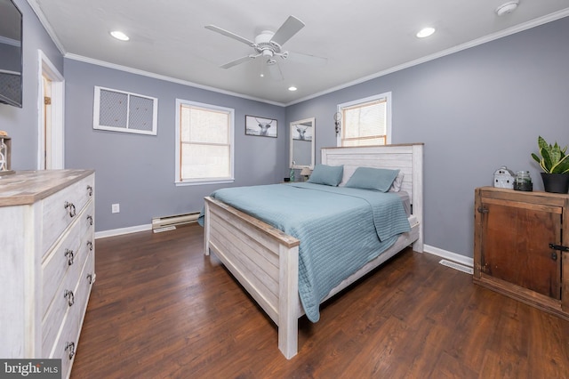 bedroom with multiple windows, ceiling fan, dark wood-type flooring, and a baseboard radiator