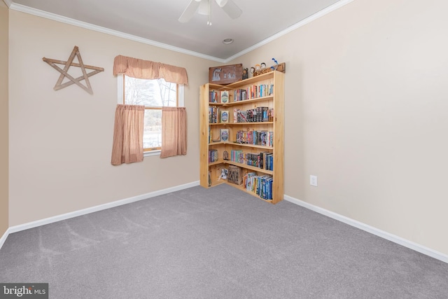 empty room with carpet, ceiling fan, and crown molding