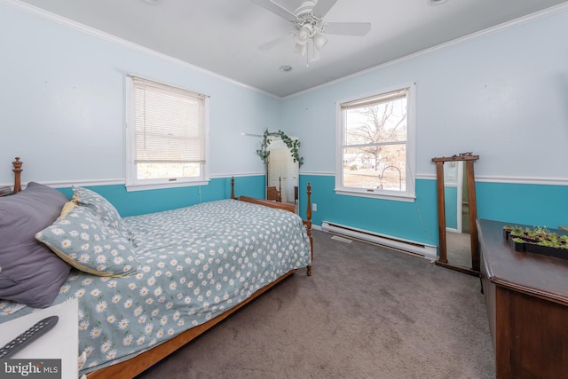 bedroom featuring ceiling fan, carpet floors, baseboard heating, and multiple windows